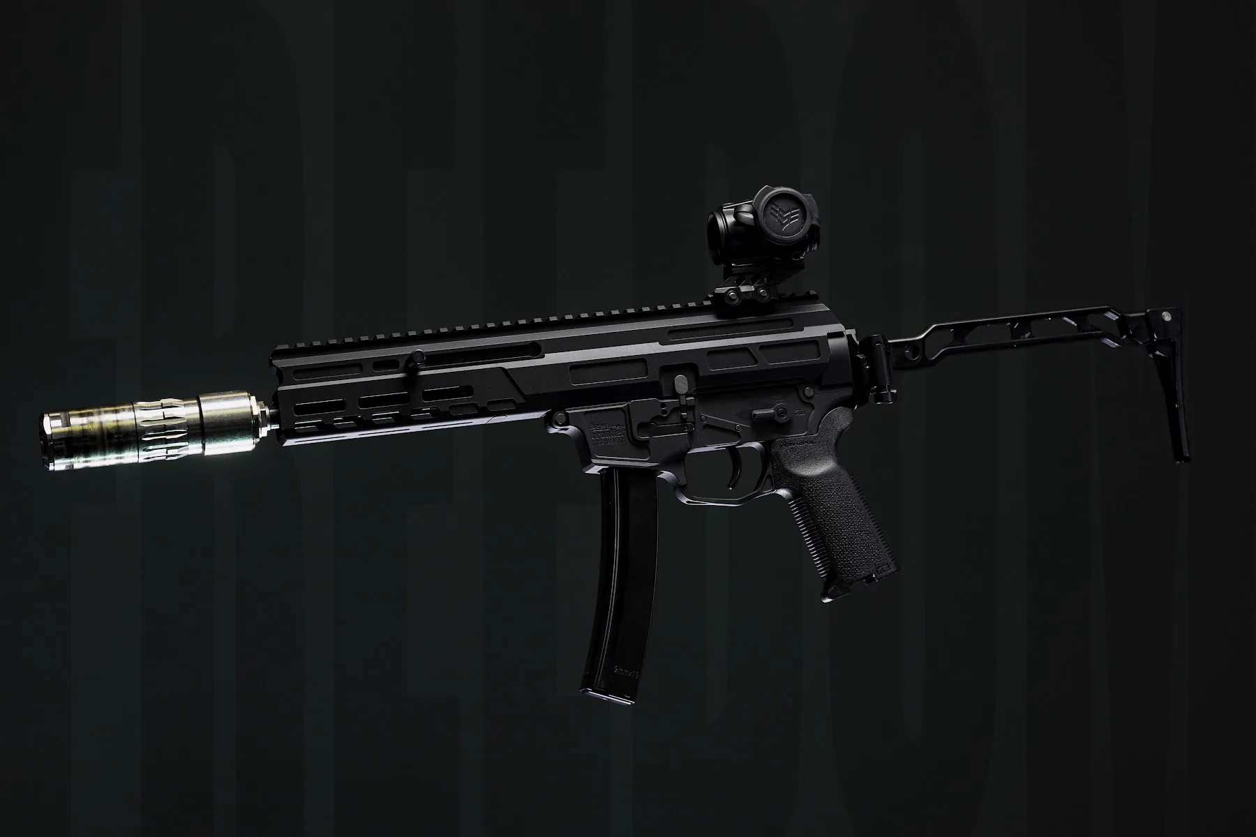 Studio photograph of a compact rifle on black